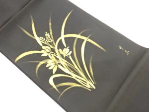 作家物　手描き金彩草花模様開き名古屋帯（額縁仕立て）